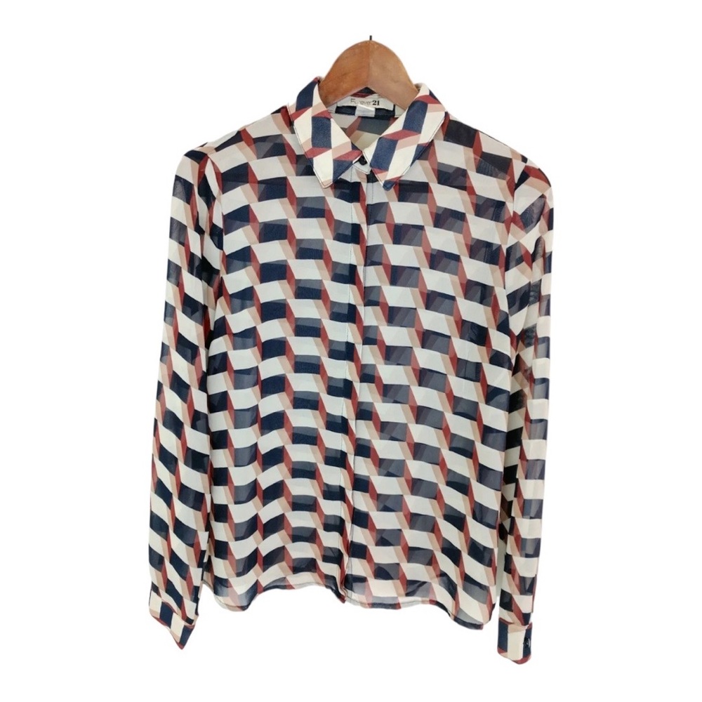 SALE! Forever 21 Sheer Top Hidden Button Collar Shirt Multi Color Small